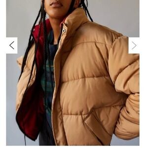 Urban Outfitters 90s Sport Puffer Jacket Zip Front Oversized Tan  XS